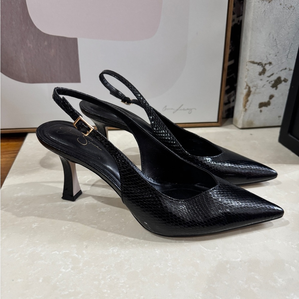 Jessica Simpson Black Textured Snakeskin Slingback Kitten Heels